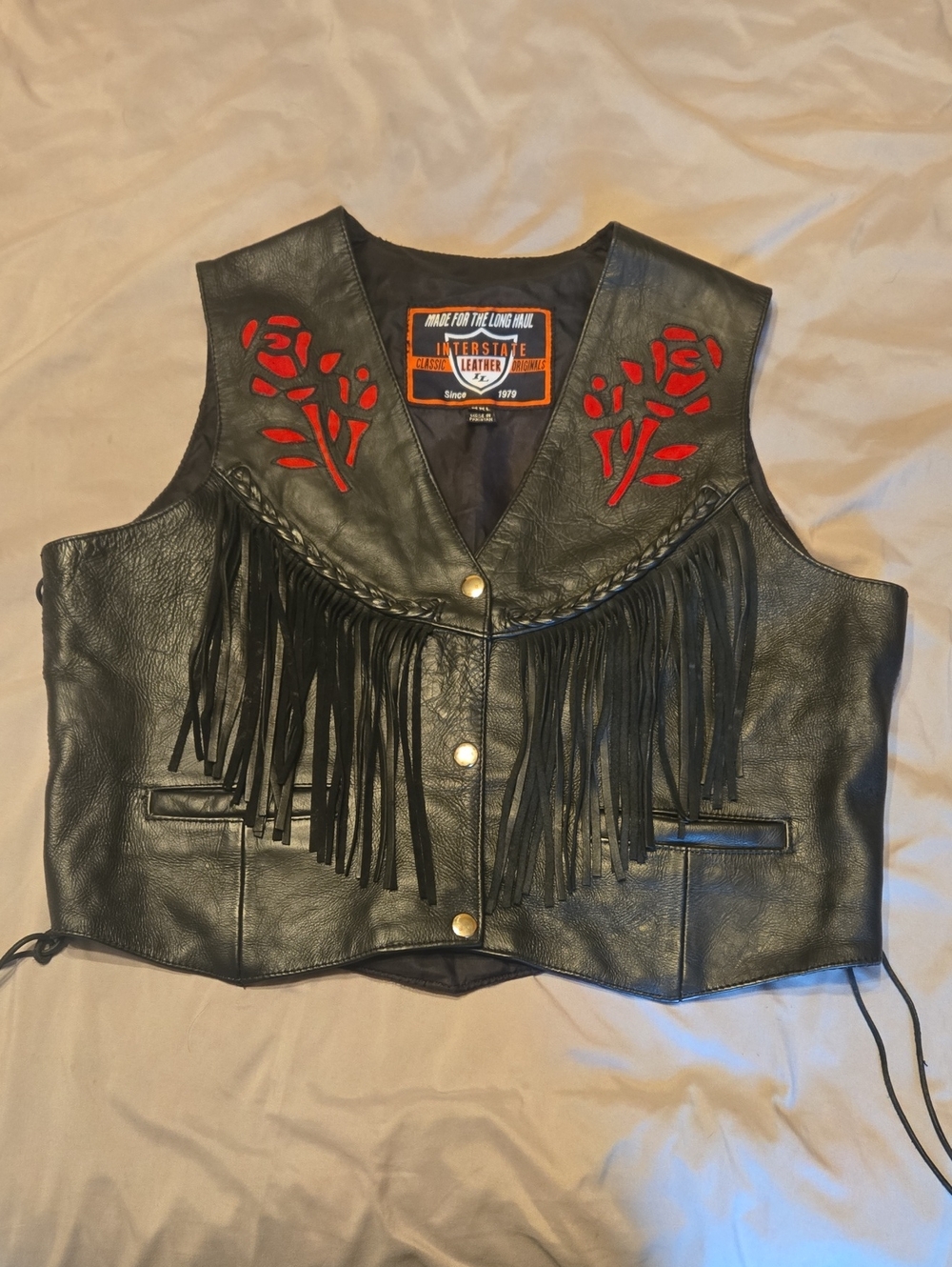 Leather Fringe Vest with Red Roses